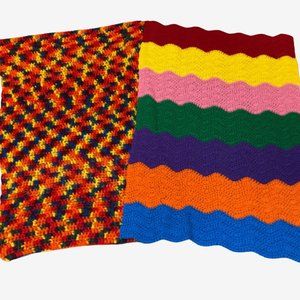 2 Vintage Handmade Afghans Blankets RAINBOW!